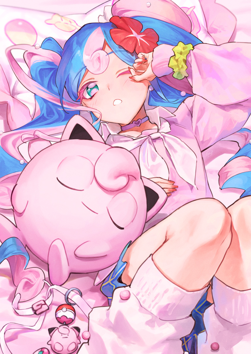 1girl absurdres blue_hair blue_skirt blush bossan_3310 choker collared_shirt commentary_request crossover eyelashes green_eyes hatsune_miku highres jigglypuff knees long_hair long_sleeves loose_socks lying multicolored_hair nail_polish on_back pink_hair pink_sweater pokemon pokemon_(creature) project_voltage scrunchie shirt skirt socks sweater teeth twintails two-tone_hair vocaloid white_shirt wrist_scrunchie