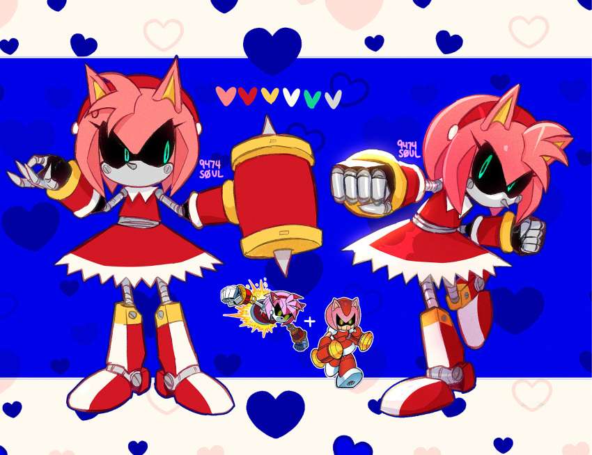 1girl 9474s0ul animal_ears blue_background clenched_hands color_guide dress full_body green_eyes hairband heart heart_background highres looking_at_viewer metal_amy red_dress red_hairband reference_inset robot robot_girl sonic_(series) sonic_the_hedgehog_(archie_comics) standing