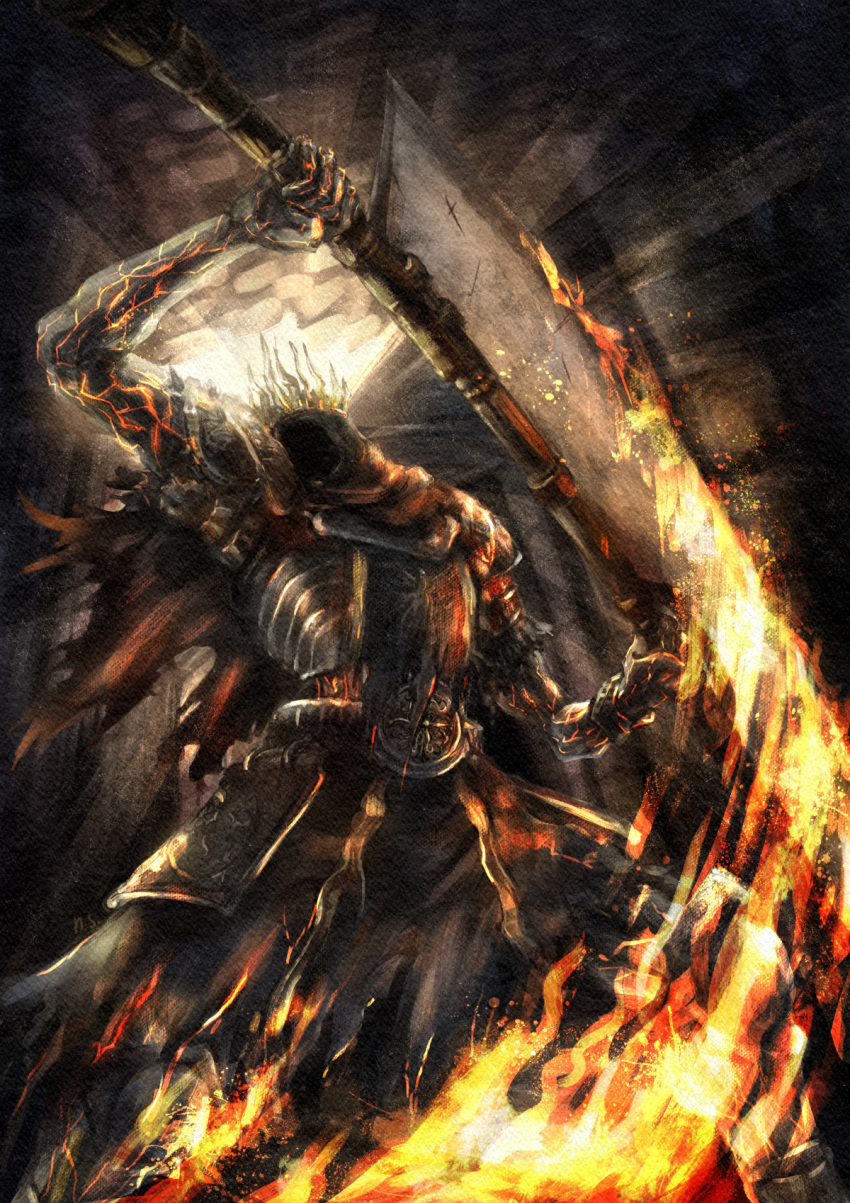 1boy armor breastplate cleaver commentary cracked_skin crown dark_souls_(series) dark_souls_iii embers english_commentary fire flame flaming_weapon full_armor giant giant_male highres holding holding_sword holding_weapon hood hood_over_eyes nightmaresyrup shoulder_armor solo sword weapon yhorm's_great_machete_(weapon) yhorm_the_giant