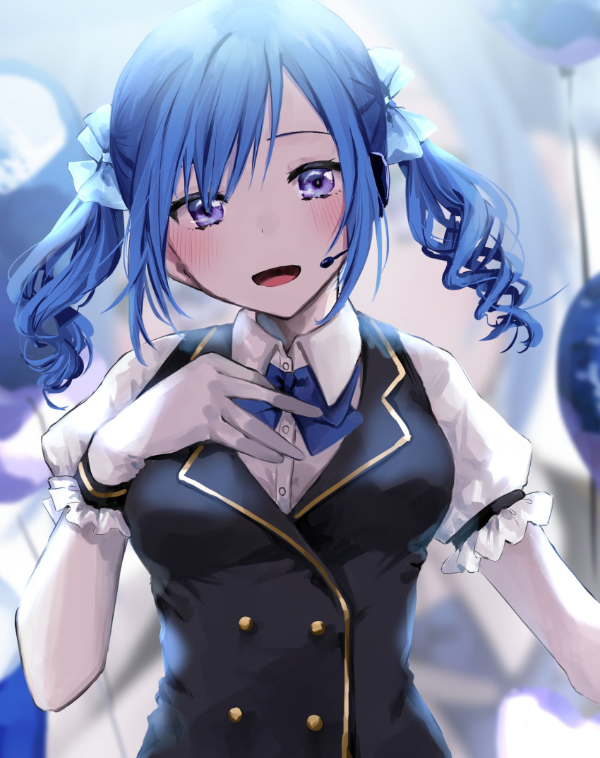 1girl black_vest blue_bow blue_bowtie blue_hair blurry blurry_background blush bow bowtie breasts chigusa_minori collared_shirt commentary_request dress_shirt earpiece gloves hair_bow hand_on_own_chest head_tilt highres large_breasts medium_hair open_mouth original puffy_short_sleeves puffy_sleeves purple_eyes shirt short_sleeves sidelocks solo twintails upper_body vest white_gloves white_shirt