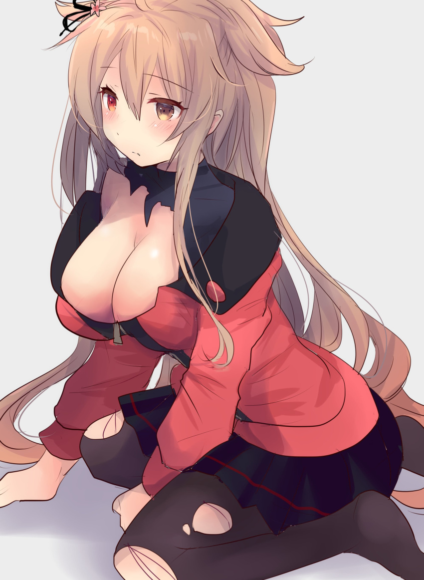 1girl absurdres black_pantyhose black_skirt blush breasts cleavage embarrassed hair_flaps hair_ornament hair_ribbon hairclip highres hirune_(konekonelkk) jacket kantai_collection large_breasts light_brown_hair long_hair murasame_(kancolle) murasame_kai_ni_(kancolle) official_alternate_costume pantyhose red_eyes red_jacket ribbon shadow sitting skirt solo torn_clothes torn_pantyhose two_side_up wariza white_background