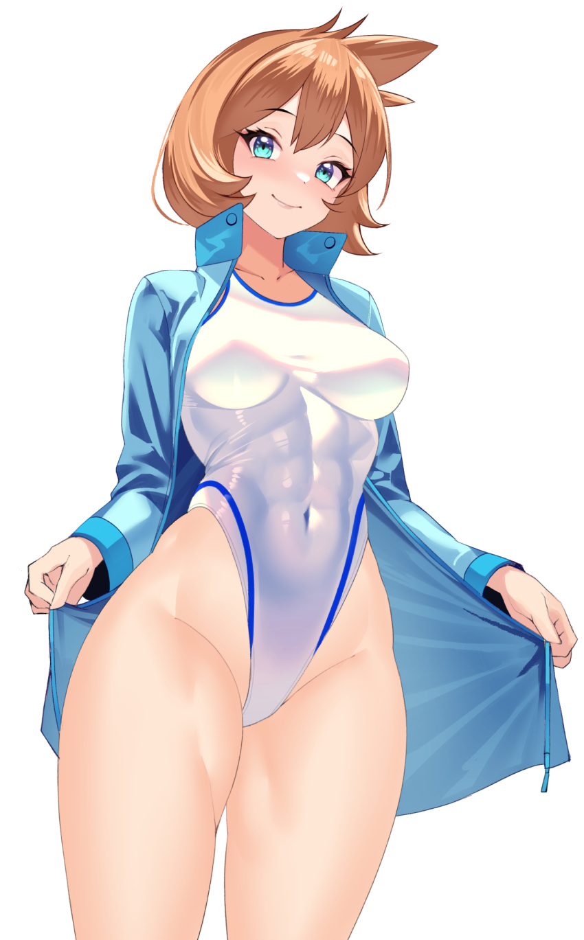 1girl aqua_eyes blue_jacket breasts closed_mouth competition_swimsuit covered_navel highleg highleg_swimsuit highres jacket looking_at_viewer medium_breasts misty_(pokemon) one-piece_swimsuit open_clothes open_jacket orange_hair pokemon pokemon_(game) pokemon_hgss simple_background smile solo swimsuit thighs volyz white_background white_one-piece_swimsuit