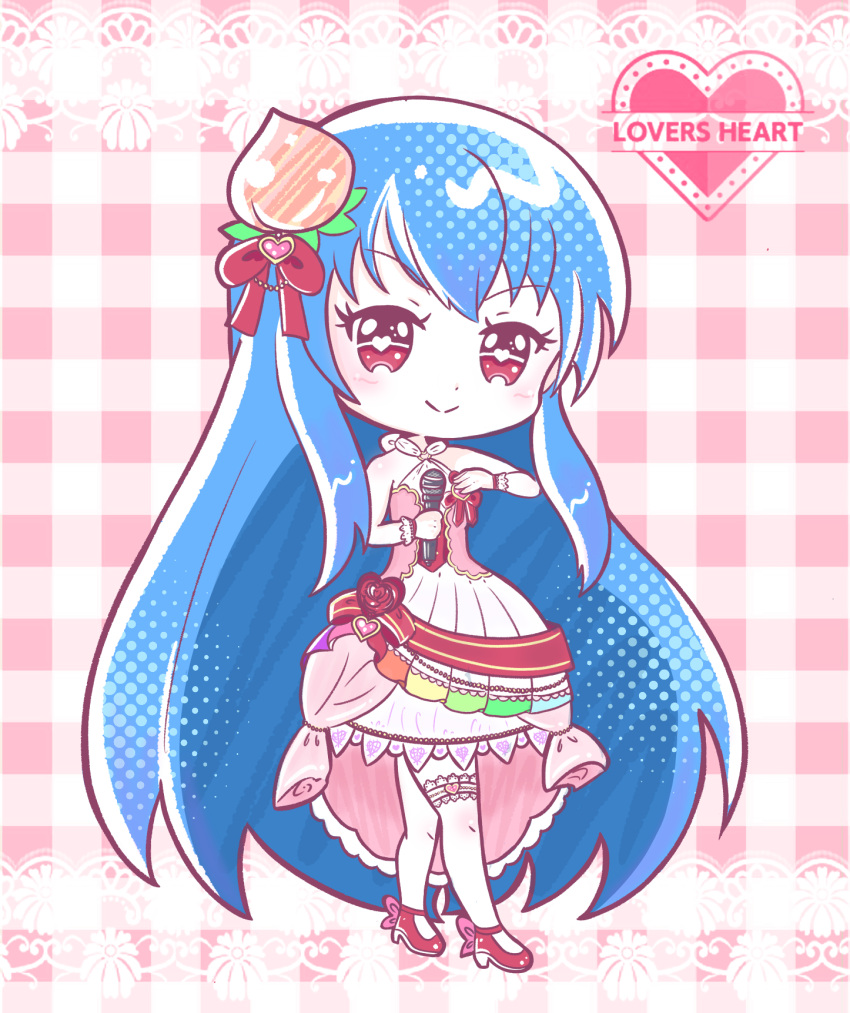 1girl artist_request blue_hair bow chibi closed_mouth commentary cosplay dress english_commentary english_text hair_ornament highres hinanawi_tenshi idolmaster long_hair looking_at_viewer microphone red_eyes smile solo symbol-shaped_pupils touhou very_long_hair