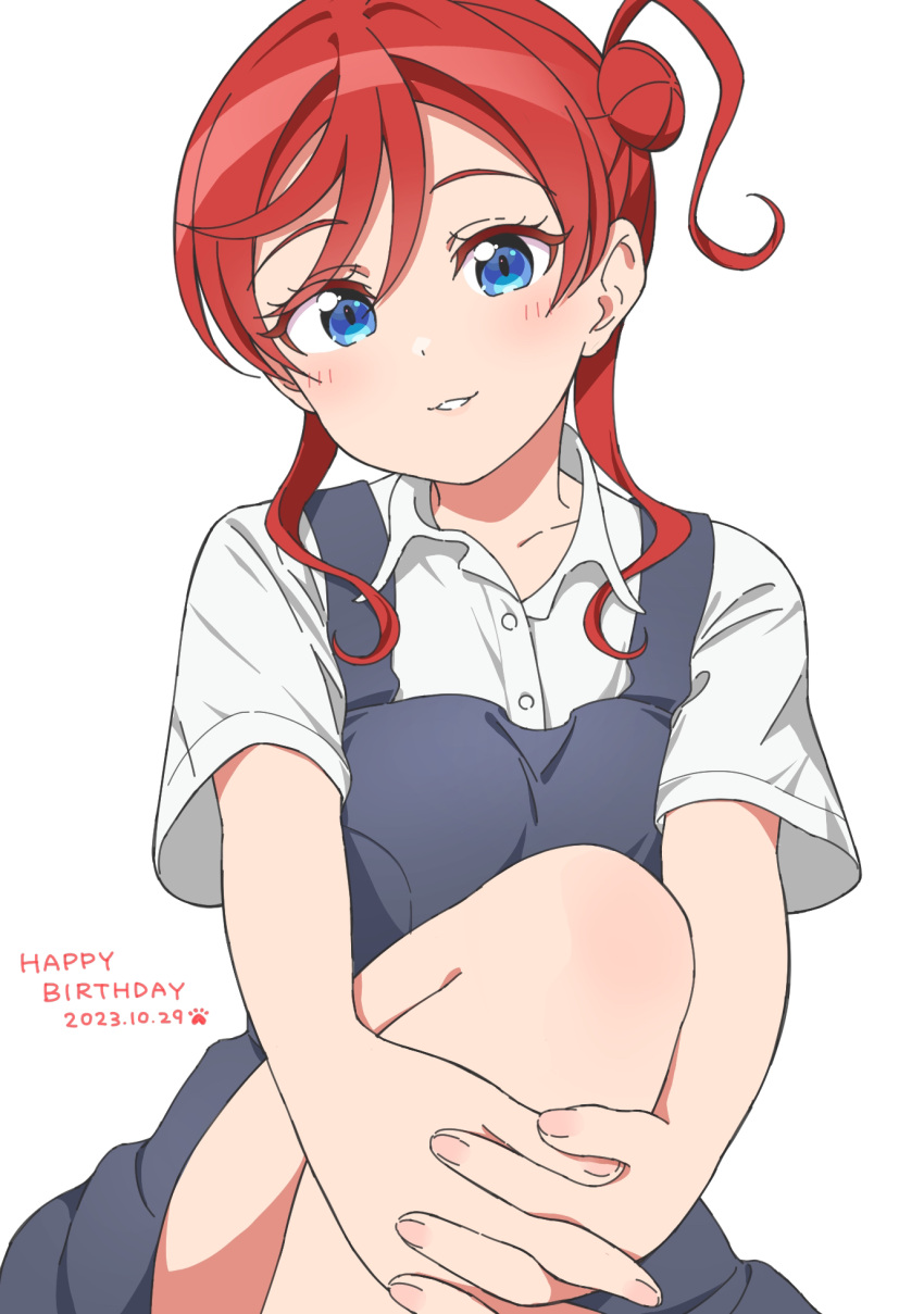 1girl blue_eyes collarbone dated fingernails hair_between_eyes hair_bun hands_on_own_leg happy_birthday highres jenny_(artist) leg_up light_blush light_smile long_hair looking_at_viewer love_live! love_live!_superstar!! own_hands_together parted_lips red_hair school_uniform single_side_bun solo white_background yoneme_mei yuigaoka_school_uniform