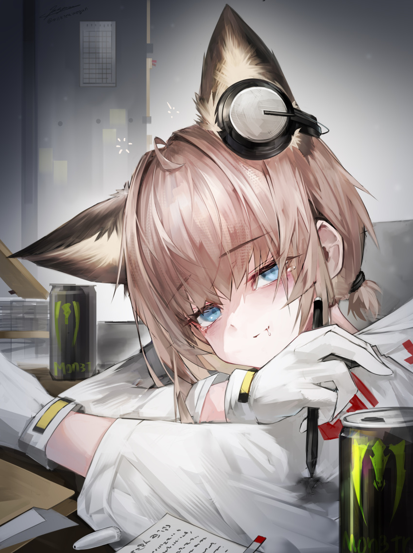 1girl absurdres animal_ears arknights blue_eyes brown_hair extra_ears fox_ears fox_girl gloves headphones headphones_for_animal_ears highres holding holding_pen indoors jacket looking_at_viewer low_ponytail milktea_wegan monster_energy paper pen short_hair short_ponytail solo sussurro_(arknights) tearing_up white_gloves white_jacket