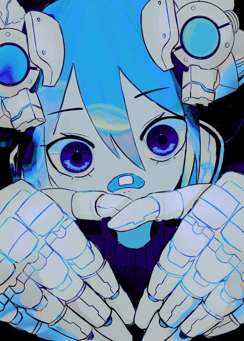 1girl android bandaid bandaid_on_face bandaid_on_nose blue_eyes blue_hair blue_sweater blue_theme covered_mouth hair_between_eyes hand_focus hands_up headgear highres looking_at_viewer mechanical_hands original ribbed_sweater solo sweater upper_body urokogaran