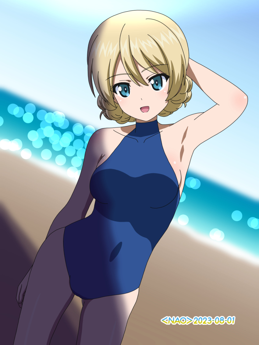 1girl arm_behind_back arm_behind_head arm_up armpits artist_name beach blonde_hair blue_eyes blue_one-piece_swimsuit blue_sky blurry blurry_background braid clear_sky commentary covered_navel cowboy_shot darjeeling_(girls_und_panzer) dated day depth_of_field dutch_angle girls_und_panzer highres horizon lens_flare looking_at_viewer naotosi ocean one-piece_swimsuit open_mouth outdoors school_swimsuit short_hair sky smile solo standing swimsuit twin_braids