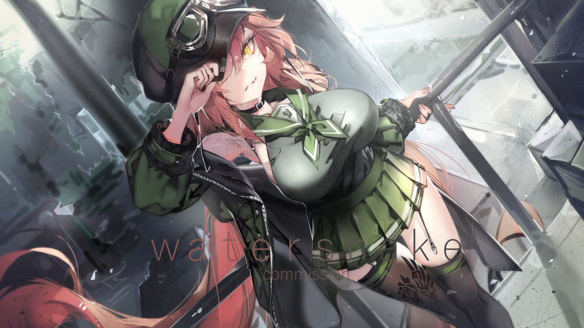 1girl absurdres adjusting_clothes adjusting_headwear belt_collar black_thighhighs breasts collar commission goggles goggles_on_headwear green_sailor_collar green_skirt guard_rail highres holding jacket large_breasts long_hair looking_at_viewer open_clothes open_jacket original pink_hair pleated_skirt ribiadan sailor_collar skirt smile solo standing thighhighs yellow_eyes