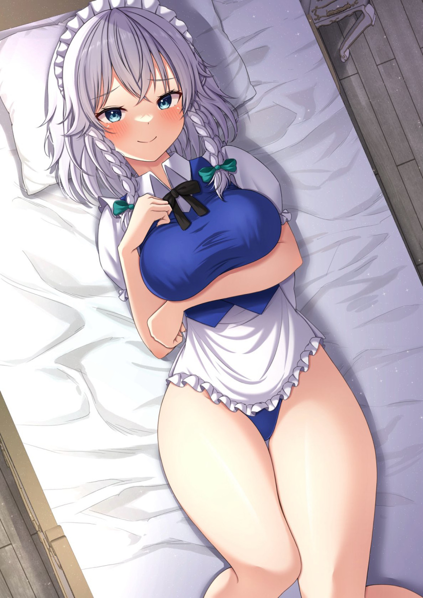 1girl adapted_costume apron bed bed_sheet blue_eyes blue_leotard blush braid breasts closed_mouth commission feet_out_of_frame floor grey_hair highres izayoi_sakuya large_breasts leotard lying maid maid_headdress on_back pillow reijing_etrn short_hair short_sleeves skeb_commission smile solo touhou twin_braids waist_apron white_apron