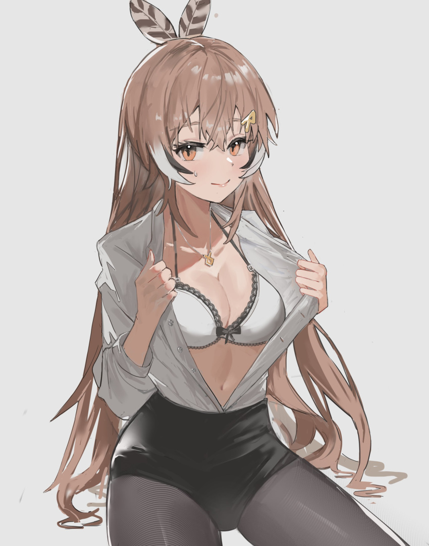 1girl absurdres ahoge black_shorts bra breasts brown_eyes brown_hair collarbone collared_shirt crossed_bangs dimas_(dimas79756948) feather_hair_ornament feathers formal hair_ornament hairclip highres hololive hololive_english jewelry long_hair long_sleeves looking_at_viewer medium_breasts multicolored_hair nanashi_mumei navel necklace office_lady open_clothes open_shirt pantyhose ponytail runes shirt shorts sidelocks simple_background sitting smile solo streaked_hair sweat sweatdrop underwear undressing very_long_hair virtual_youtuber white_background white_bra white_shirt