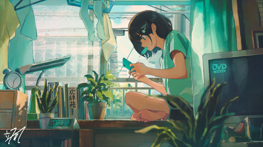 1girl absurdres aqua_eyes aqua_theme barefoot black_hair book clock clothes commentary_request computer controller curtains desk feet food game_controller green_shirt hair_between_eyes hair_ornament hairclip hayateluc highres holding holding_controller holding_game_controller ice_cream indoors monitor original plant playing_games procreate_(medium) shirt short_hair signature sitting soles solo t-shirt television toes window