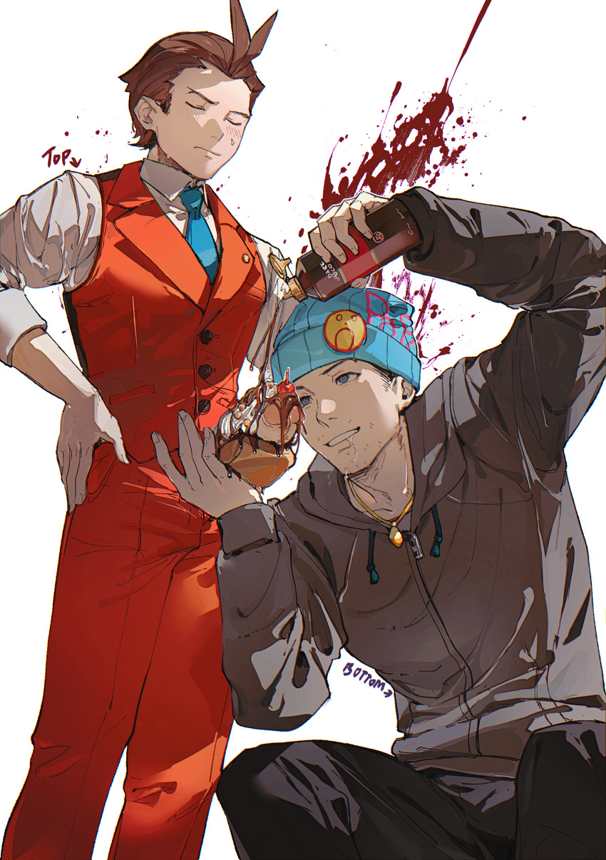 2boys absurdres ace_attorney annoyed antenna_hair apollo_justice aqua_necktie arm_up badge banana_split beanie beard_stubble black_pants blood blue_eyes blue_headwear blush brown_hair button_badge buttons cherry chocolate_syrup closed_eyes collared_shirt drawstring drooling e_schaton english_commentary english_text feet_out_of_frame fingernails food food_on_body food_on_penis forked_eyebrows fruit grey_hoodie grin hand_up hands_on_own_hips hat highres hood hood_down hoodie jewelry lapel_pin lapels long_sleeves looking_at_penis male_focus multiple_boys necktie open_fly pants pendant penis phoenix_wright pocket red_pants red_vest shirt short_hair simple_background sleeves_rolled_up smile squatting standing sweat uncensored vest whipped_cream white_background white_shirt yaoi zipper