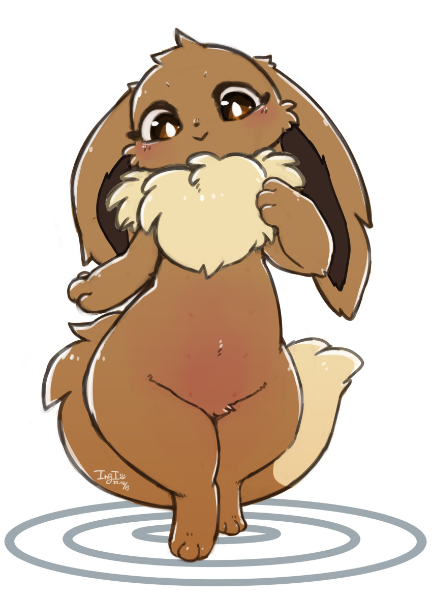 1girl :&gt; absurdres animal_ears animal_feet animal_hands artist_name blush body_fur bright_pupils brown_eyes brown_fur closed_mouth commentary dated ears_down eevee extra_breasts flat_chest full_body furry furry_female groin hand_up happy highres ingi light_blush looking_at_viewer navel nipples personification pokemon pokemon_(creature) signature simple_background smile solo standing stomach symbol-only_commentary tail thick_thighs thighs two-tone_fur white_background white_pupils wide_hips yellow_fur