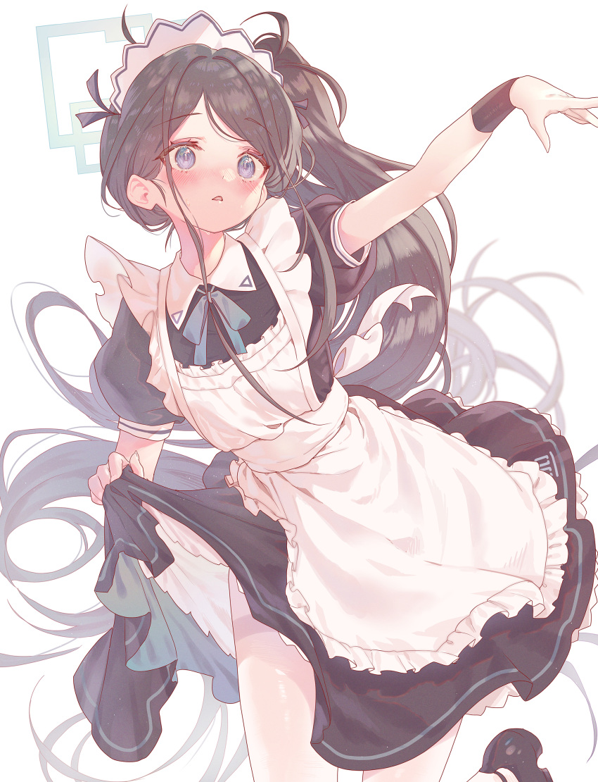 1girl absurdly_long_hair absurdres apron aris_(blue_archive) aris_(maid)_(blue_archive) black_dress black_footwear black_hair blue_archive blue_eyes blush dress fingernails frilled_apron frills green_halo halo highres long_hair maid maid_headdress official_alternate_costume open_mouth pantyhose ponytail ringed_eyes shoes short_sleeves simple_background solo sweat torano very_long_hair white_apron white_background white_pantyhose
