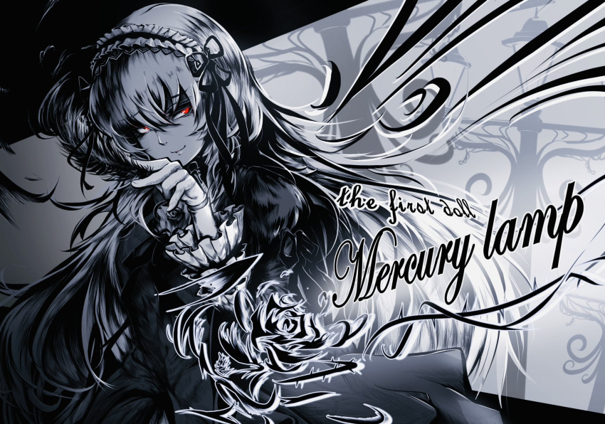 1girl character_name closed_mouth commentary_request cowboy_shot doll_joints dress eyelashes feathers fingernails flower frilled_dress frilled_hairband frills gothic_lolita greyscale hair_between_eyes hair_ribbon hairband highres holding holding_feather joints juliet_sleeves lolita_fashion lolita_hairband long_bangs long_hair long_sleeves looking_at_viewer monochrome puffy_sleeves red_eyes ribbon rizadon_(soregashiorigin) rose rozen_maiden smile solo spot_color suigintou
