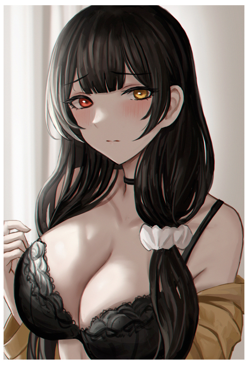 1girl bare_shoulders black_bra black_choker black_hair blush bra breasts choker cleavage closed_mouth collarbone commentary_request girls'_frontline hair_ornament hair_scrunchie heterochromia highres large_breasts long_hair long_sleeves looking_at_viewer off_shoulder red_eyes ro635_(girls'_frontline) scrunchie selcky solo underwear upper_body white_scrunchie yellow_eyes