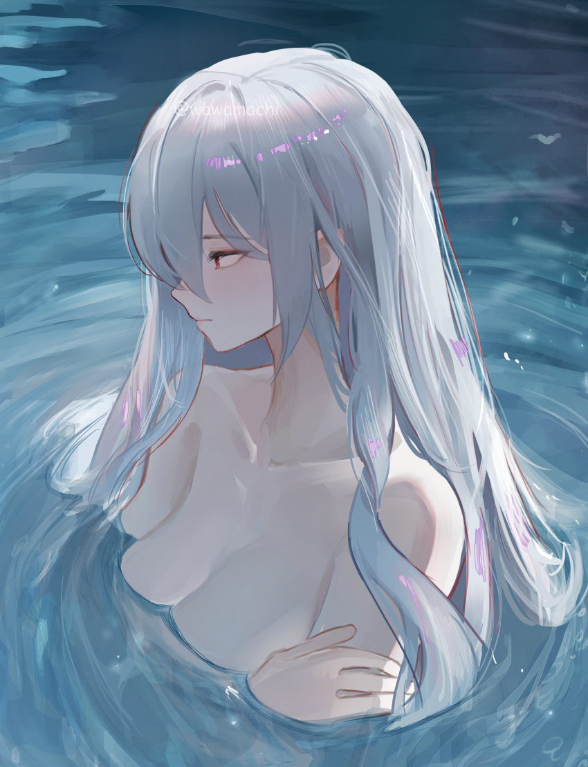 1girl absurdres arknights bathing breasts cleavage closed_mouth collarbone completely_nude grey_hair highres large_breasts long_hair looking_down nude partially_submerged red_eyes skadi_(arknights) solo upper_body very_long_hair water wawamachi_(wawamachis)