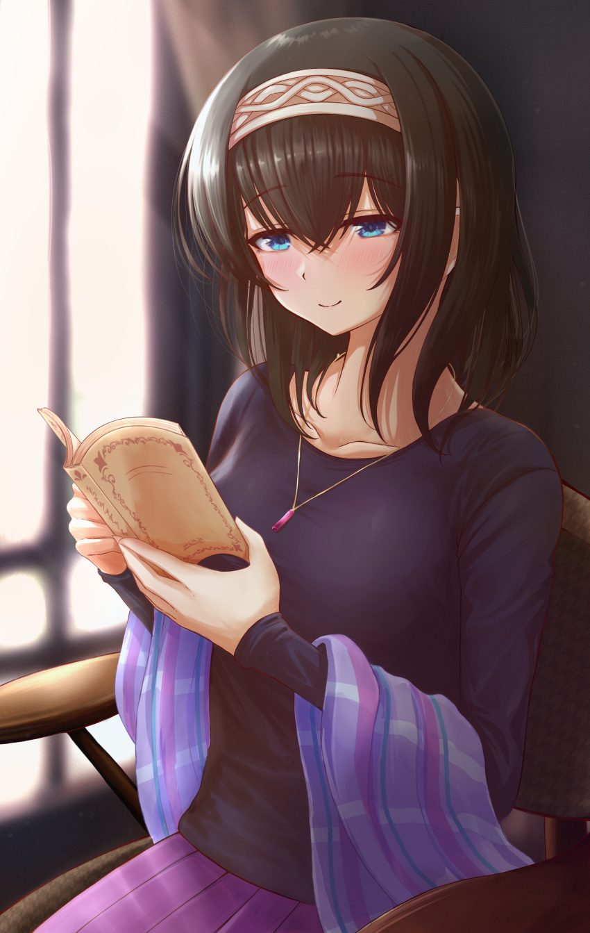 1girl absurdres black_hair blue_eyes blush book breasts hairband highres holding holding_book idolmaster idolmaster_cinderella_girls idolmaster_cinderella_girls_starlight_stage jewelry karl pendant reading sagisawa_fumika sitting smile solo