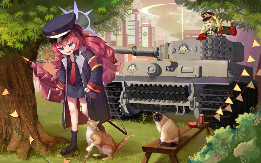 :d absurdres armband bench black_eyes black_footwear black_shirt black_skirt blonde_hair blue_archive blurry boots building can cat coca-cola collared_shirt commentary_request depth_of_field flag grass hair_between_eyes halo hat highres holding holding_flag ibuki_(blue_archive) iroha_(blue_archive) knee_boots long_hair long_sleeves looking_at_another looking_at_viewer military_vehicle motor_vehicle necktie outdoors park park_bench peaked_cap pencil_skirt red_armband red_hair red_necktie riding safety_pin school_uniform shirt sidelocks skirt skyline skyscraper sleeves_past_fingers sleeves_past_wrists smile soda_can tank tiger_i tree twintails walking wavy_hair wide_sleeves xg_epee