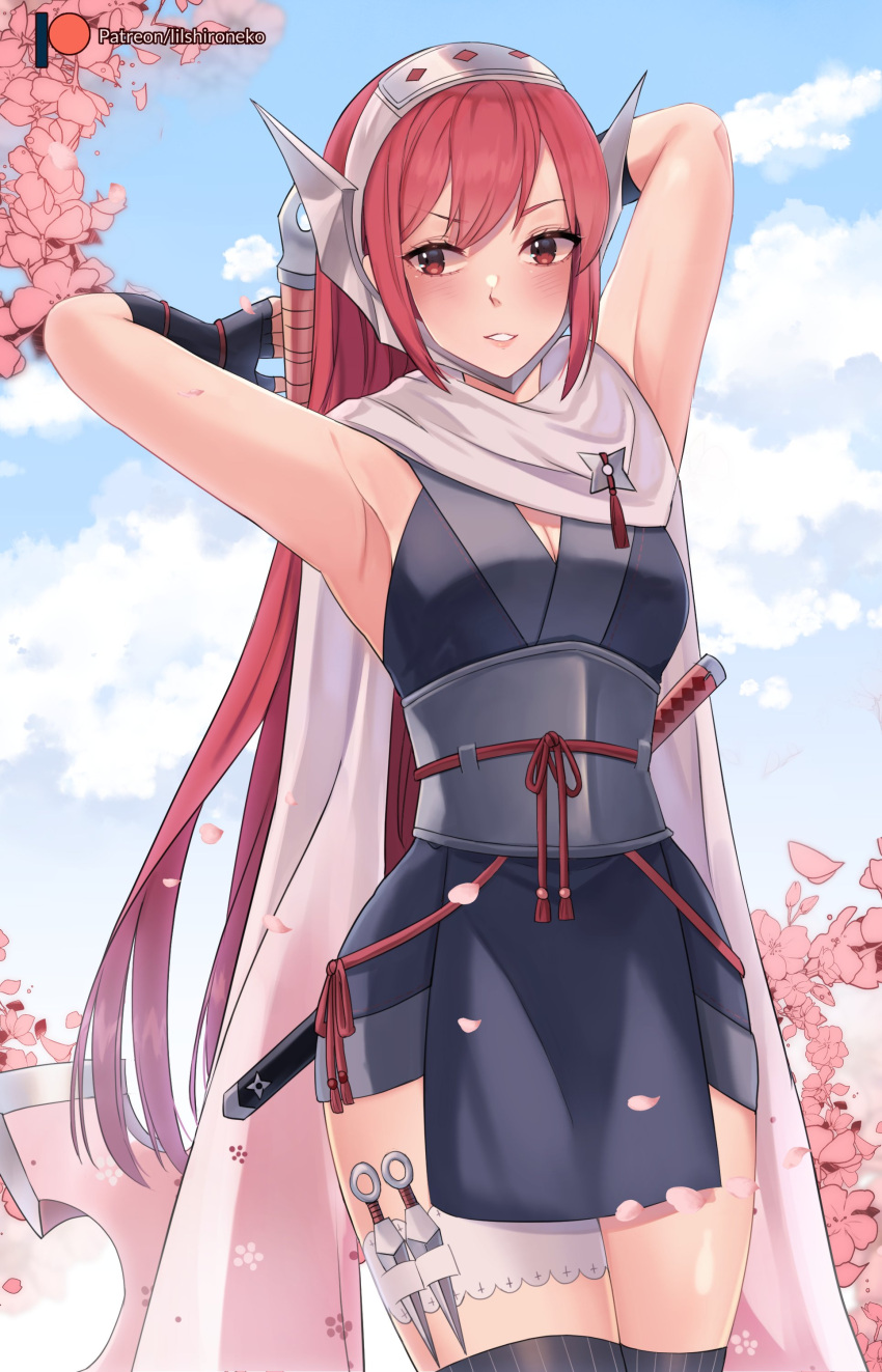 1girl absurdres armpits black_gloves blue_sky blush breasts cherche_(fire_emblem) cherche_(ninja)_(fire_emblem) cherry_blossoms cleavage cloud cloudy_sky fire_emblem fire_emblem_awakening fire_emblem_heroes gloves headgear highres kneehighs kodachi kunai lilshironeko long_hair long_scarf medium_breasts ninja obi parted_bangs patreon_username pelvic_curtain red_eyes red_hair sash scarf sheath sheathed short_sword sky socks solo standing sword teeth weapon white_scarf