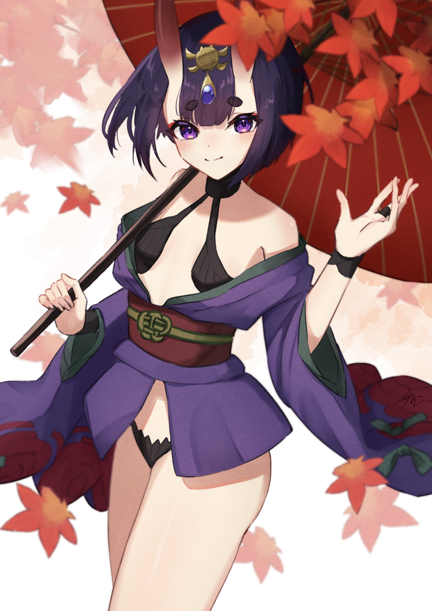 1girl absurdres bare_shoulders blush bob_cut breasts eyeliner fate/grand_order fate_(series) headpiece highres horns izanaware_game japanese_clothes kimono leaf long_sleeves looking_at_viewer makeup maple_leaf obi oil-paper_umbrella oni oni_horns purple_eyes purple_hair purple_kimono sash short_hair short_kimono shuten_douji_(fate) skin-covered_horns small_breasts smile solo umbrella wide_sleeves