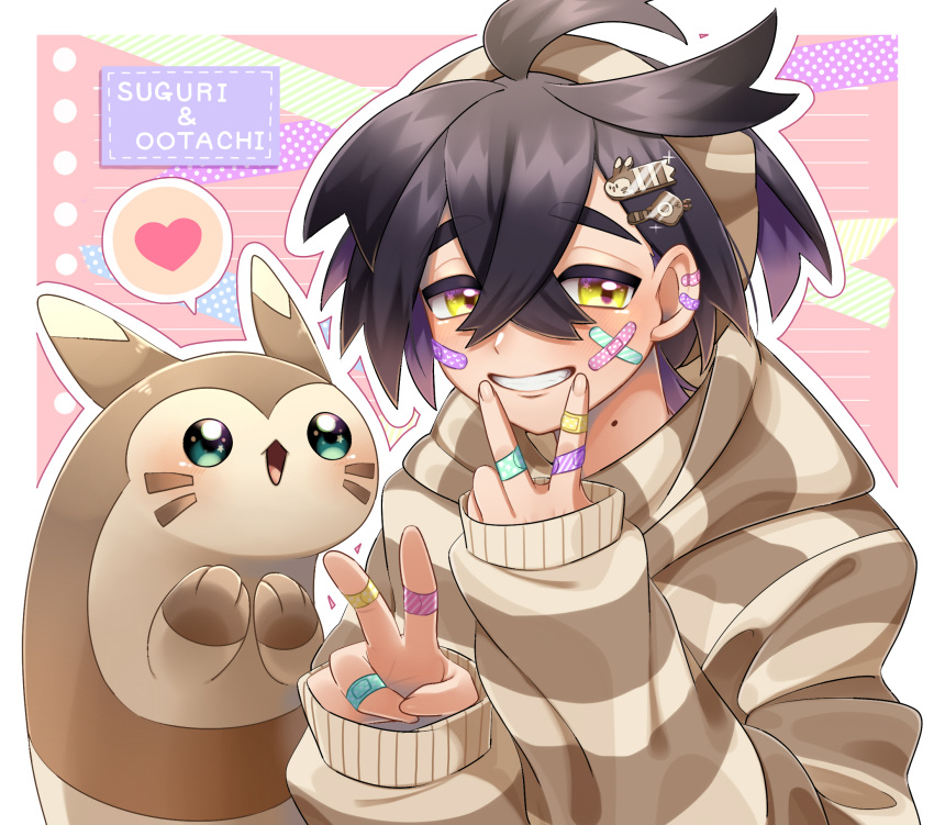 1boy bandaid bandaid_on_face bandaid_on_hand black_hair brown_hairband character_name commentary_request crossed_bangs double_v furret grin hair_between_eyes hair_ornament hairband hairclip hands_up heart highres hood hood_down kieran_(pokemon) kyouka._(kyouka) long_sleeves male_focus mole mole_on_neck outline pokemon pokemon_(creature) pokemon_(game) pokemon_sv short_hair sleeves_past_wrists smile spoken_heart teeth upper_body v yellow_eyes