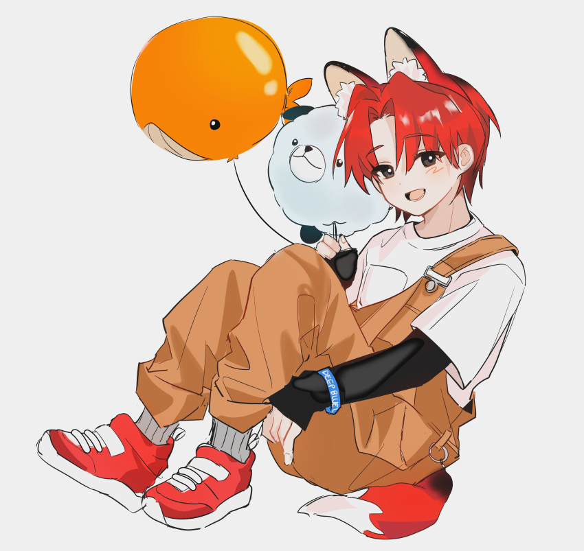 1boy 8enthopelagic absurdres aged_down animal_balloon animal_ear_fluff animal_ears balloon black_eyes blush brown_overalls child commentary_request eoduun_badaui_deungbul-i_doeeo fox_boy fox_ears fox_tail full_body highres holding holding_balloon kemonomimi_mode kim_jaehee knees_up korean_commentary layered_sleeves long_sleeves looking_at_viewer male_focus open_mouth overalls red_footwear red_hair shirt shoes short_hair short_over_long_sleeves short_sleeves simple_background sitting smile solo tail white_background white_shirt