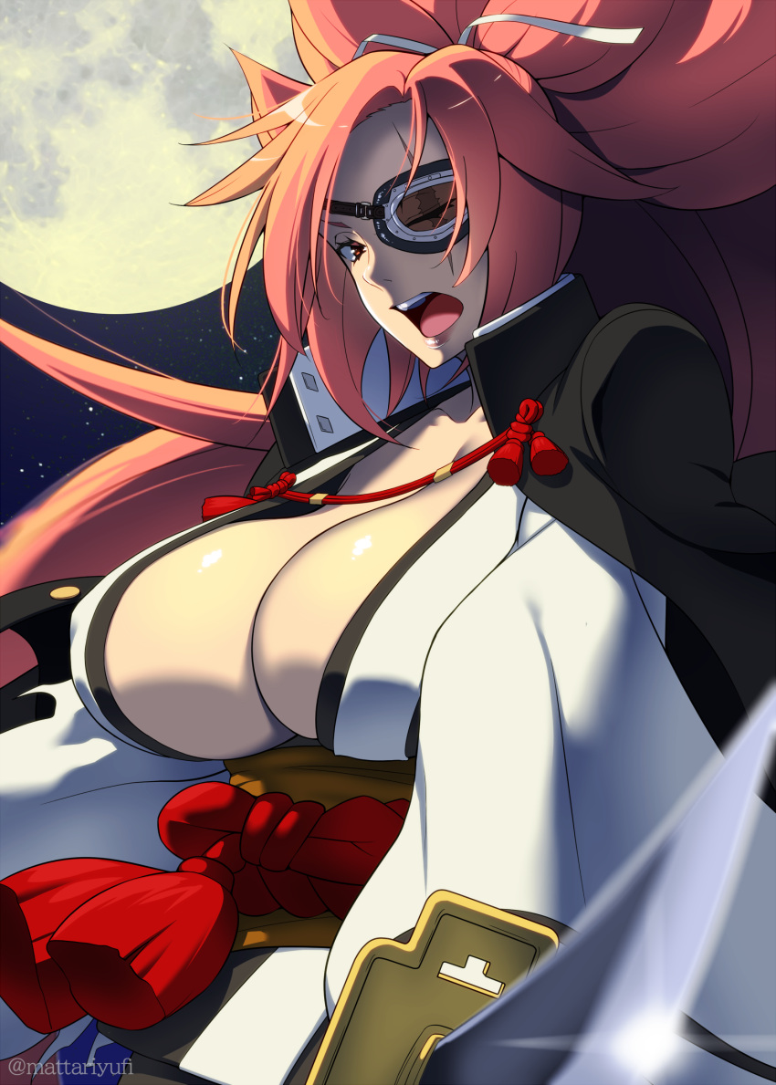 1girl baiken black_jacket bow breasts commentary_request eyepatch full_moon guilty_gear hair_bow high_collar highres holding holding_sword holding_weapon huge_breasts jacket jacket_on_shoulders japanese_clothes kataginu katana kimono long_hair mattari_yufi moon night night_sky open_clothes open_kimono open_mouth pink_hair pointing_weapon red_eyes scar scar_across_eye sky solo sword twitter_username weapon white_kimono