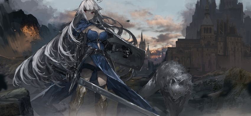 1girl absurdres ahoge armor armored_boots battlefield belt blue_capelet blunt_bangs boots breasts capelet castle cloud commentary dark_souls_(series) debris eine_lotta english_commentary forest grey_hair highres holding holding_shield holding_sword holding_weapon indie_virtual_youtuber long_hair looking_to_the_side nature ph. red_eyes scabbard second-party_source serious sheath shield sidelocks solo sword thigh_strap very_long_hair weapon wolf