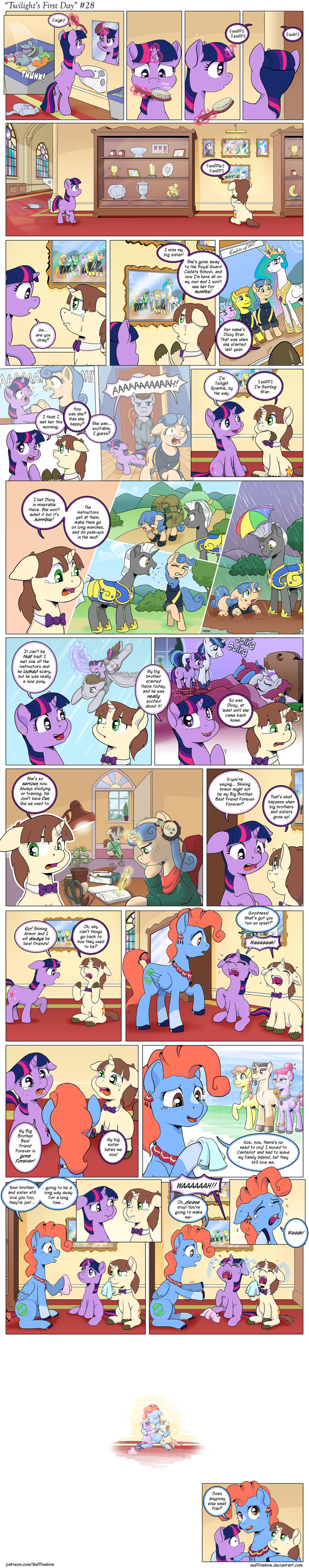 absurd_res armor backpack bag bodily_fluids bow_tie brush comic dialogue english_text equid equine fan_character female fish flashback flying friendship_is_magic hairbrush hasbro hi_res horn long_image male mammal marine mud muffinshire my_little_pony pegasus picture_frame princess_celestia_(mlp) raining shining_armor_(mlp) tall_image tears text trash_can twilight_sparkle_(mlp) umbrella umbrella_hat unicorn wings