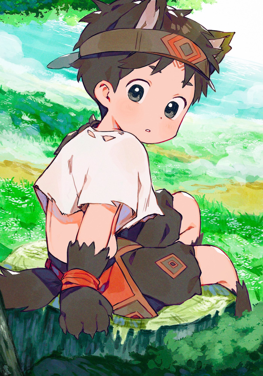 1boy blue_sky brown_gloves brown_hair child cloud cloudy_sky english_commentary gloves highres looking_at_viewer looking_back male_child male_focus mixed-language_commentary nemui_(nemuriyagi) on_grass original shirt short_hair short_sleeves shorts sitting_on_tree_stump sky solo tail white_shirt wolf_boy wolf_tail