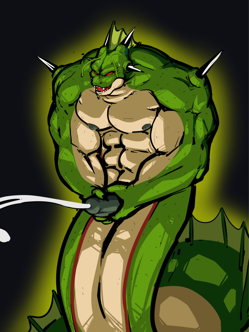 abs absurd_res alien antennae_(anatomy) anthro biceps big_penis bodily_fluids claws cum cumshot digital_media_(artwork) dragon dragon_ball dragon_ball_z ejaculation erection genital_fluids genitals hi_res horn male masturbation muscular muscular_male nipples nude pecs penis porunga red_eyes scalie simple_background solo spikes trailmixtrail two-handed_masturbation