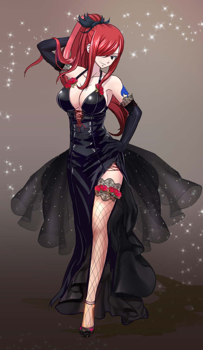 1girl absurdres alternate_costume arm_behind_head arm_tattoo arm_up bare_shoulders black_dress black_gloves breasts brown_eyes cleavage closed_mouth cocktail_dress dress elbow_gloves erza_scarlet evening_gown fairy_tail fishnet_thighhighs fishnets flower full_body gloves hair_over_one_eye hand_on_own_hip high_heels high_ponytail highres lace-trimmed_legwear lace_trim large_breasts long_hair looking_at_viewer melody5427 ponytail red_flower red_hair red_rose rose smile solo sparkle tattoo thighhighs