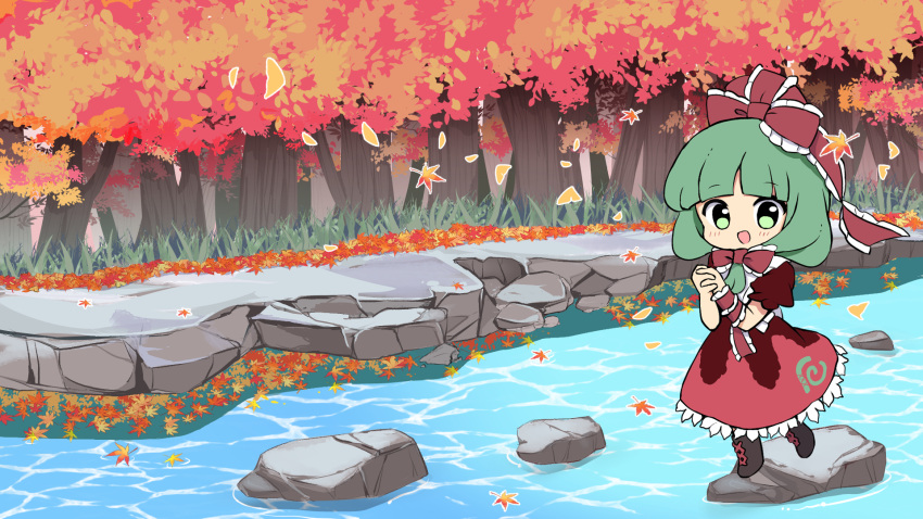 1girl autumn autumn_leaves black_footwear boots bow commission dress frilled_bow frilled_ribbon frills front_ponytail green_eyes green_hair hair_bow hair_ribbon highres kagiyama_hina leaf long_hair maple_leaf pixiv_commission ramudia_(lamyun) red_bow red_dress red_ribbon ribbon river short_sleeves solo touhou water