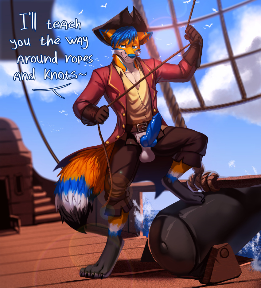 absurd_res anthro canid canine clothed clothing fox foxxo_bluren genitals hi_res knot male mammal miramint partially_clothed pinup pirate pose rope sexy_eyes ship smile smirk smug solo text vehicle watercraft