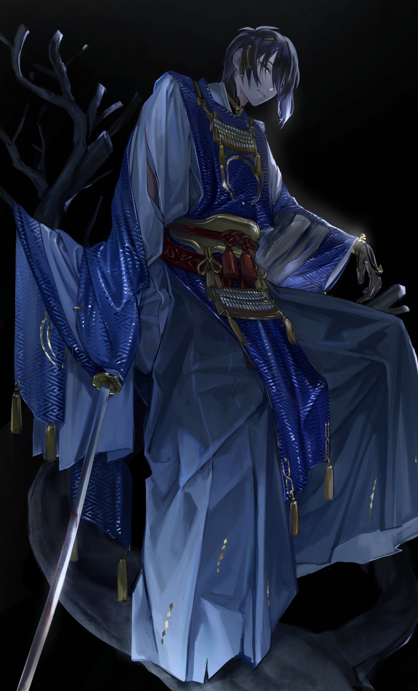 1boy absurdres black_background black_gloves black_hair blue_eyes gloves hakama hataya highres in_tree japanese_clothes katana male_focus mikazuki_munechika sitting sitting_in_tree sword tassel torn_clothes touken_ranbu tree weapon