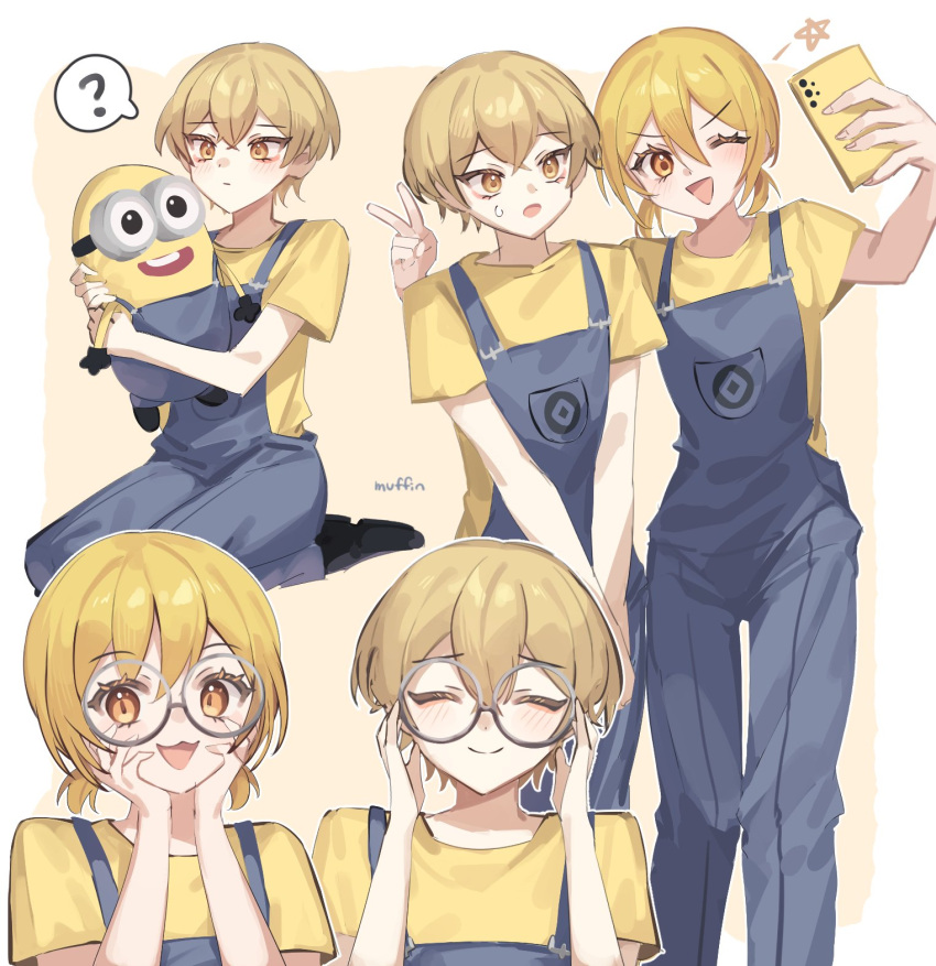 1boy 1girl :3 :d :o ? adjusting_eyewear artist_name blonde_hair blue_overalls cellphone character_doll character_hat closed_mouth cosplay despicable_me doll_hug don_quixote_(limbus_company) glasses hair_between_eyes hands_on_own_cheeks hands_on_own_face highres holding holding_phone korean_commentary limbus_company love_mintchoco low_twintails minion_(despicable_me) minion_(despicable_me)_(cosplay) multiple_views object_hug one_eye_closed open_mouth orange_eyes outside_border overalls phone project_moon round_eyewear seiza selfie shirt short_hair short_sleeves short_twintails sinclair_(limbus_company) sitting smartphone smile speech_bubble spoken_question_mark standing star_(symbol) stuffed_toy sweat twintails v v_arms white_background yellow_background yellow_shirt