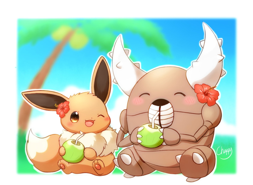 animal_focus blush_stickers brown_eyes brown_fur claws closed_eyes coconut coconut_cup cup drinking_straw eevee flower hibiscus highres holding holding_cup horns mimix no_humans one_eye_closed open_mouth outdoors palm_tree pawpads pinsir pokemon pokemon_(creature) signature sitting tree white_background