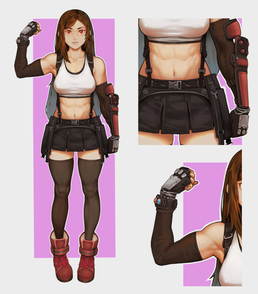 1girl abs absurdres bare_shoulders biceps black_skirt breasts brown_hair cleavage close-up commentary covered_nipples crop_top effy_neprin elbow_gloves elbow_pads english_commentary final_fantasy final_fantasy_vii fingerless_gloves gloves highres large_breasts long_hair looking_at_viewer materia midriff navel red_eyes red_footwear shirt skirt smile solo suspender_skirt suspenders suspenders_gap tank_top taut_clothes taut_shirt tifa_lockhart white_tank_top