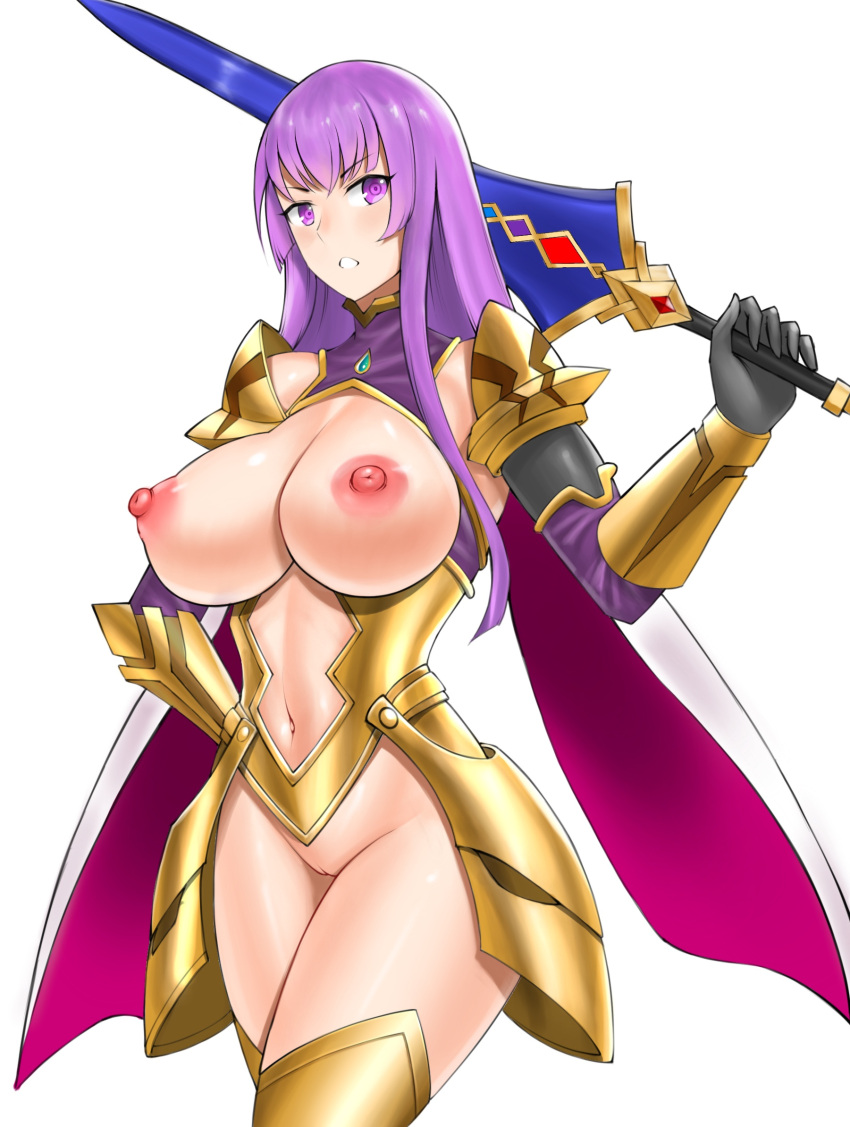 1girl armor breasts cape claudette_(queen's_blade) claudette_(queen's_blade_unlimited) cleavage commission commissioner_upload cowboy_shot gauntlets gold_armor highres holding holding_sword holding_weapon knight large_breasts long_hair looking_at_viewer naked_armor navel over_shoulder pixiv_commission purple_eyes purple_hair pussy queen's_blade revealing_clothes sword sword_over_shoulder uncensored vvv_(vvv98048917) weapon weapon_over_shoulder