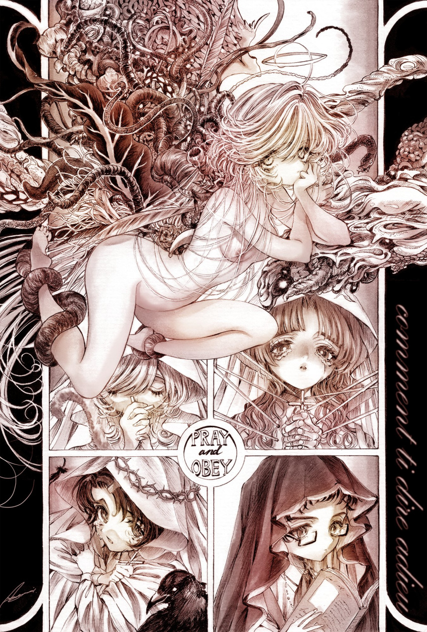5girls ahoge angel angel_wings aya_carmine bird body_horror book breasts closed_eyes completely_nude cross crow crown_of_thorns crying crying_with_eyes_open doll_joints english_text expressionless flower_wings french_text full_body glasses greyscale habit hair_ornament hairclip halo head_rest highres holding holding_book holding_cross interlocked_fingers joints leaf_wings long_hair medium_breasts meguro_miyuki millipen_(medium) mismatched_wings monochrome multiple_girls nude nun own_hands_together parted_lips plant_wings praying sayonara_wo_oshiete short_hair snake sugamo_mutsuki takada_nozomi tamachi_mahiru tears tendril tentacles traditional_media ueno_koyori very_long_hair wavy_hair wings