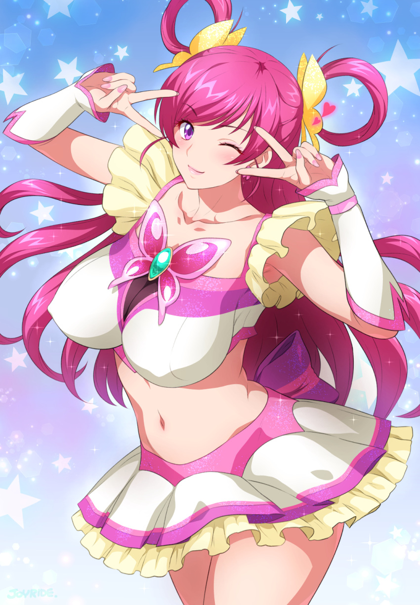 1girl aged_up breasts commentary_request cure_dream double_v hair_rings highres joy_ride kibou_no_chikara_~otona_precure_'23~ large_breasts long_hair looking_at_viewer magical_girl midriff navel one_eye_closed pink_hair precure purple_eyes skirt solo v white_skirt yes!_precure_5 yumehara_nozomi