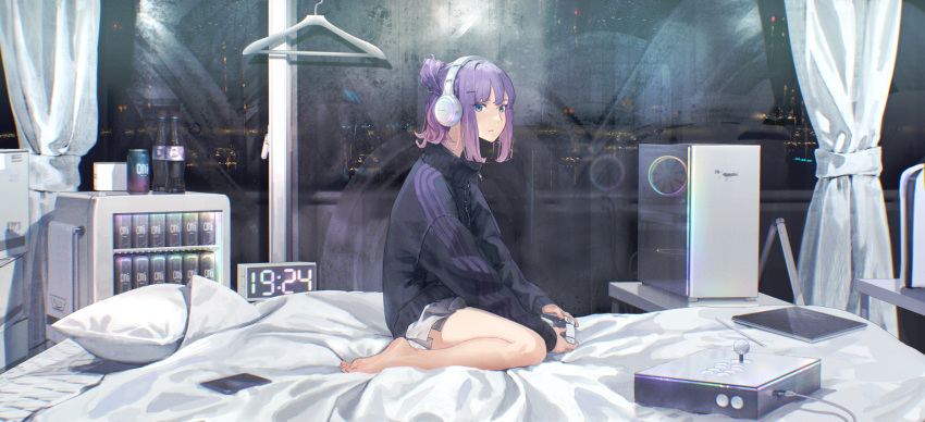1girl barefoot bed bed_sheet black_jacket blue_eyes bottle can cellphone clock clothes_hanger computer controller digital_clock game_console game_controller hair_bun highres holding holding_controller indoors jacket looking_at_viewer medium_hair minifridge night on_bed original phone pillow playstation_5 purple_hair scenery shorts sidelocks sitting smartphone solo sora-bakabon tablet_pc track_jacket white_shorts window