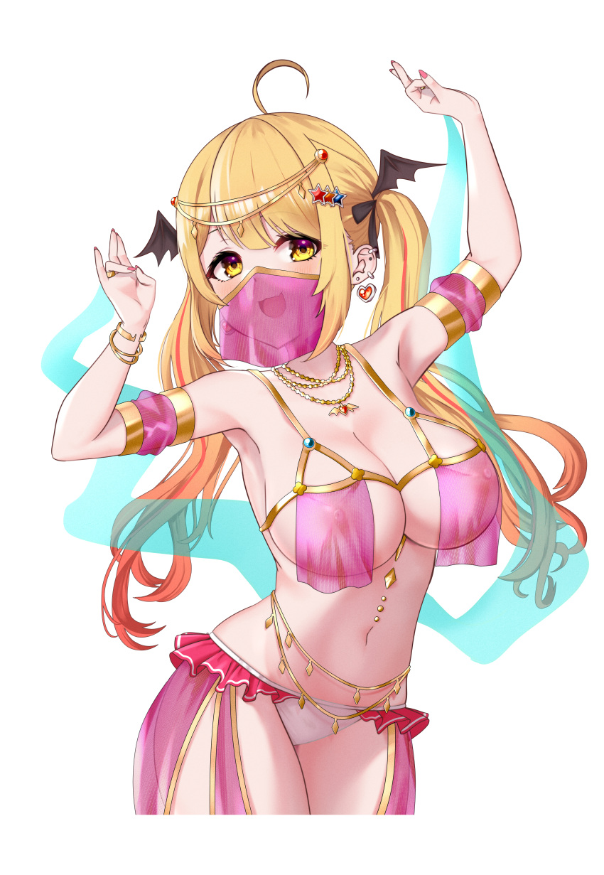 1girl absurdres ahoge ar-khey arms_up belly_dancing blonde_hair bracelet breasts commission covered_nipples dancer earrings hair_ornament highres hololive jewelry large_breasts long_hair looking_at_viewer mouth_veil necklace nipples open_mouth panties see-through simple_background smile solo twintails underwear veil virtual_youtuber white_background white_panties yellow_eyes yozora_mel
