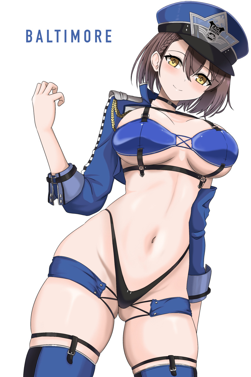 1girl absurdres azur_lane baltimore_(azur_lane) baltimore_(finish_line_flagbearer)_(azur_lane) bikini black_bikini blue_bikini blue_footwear blue_headwear blue_jacket blue_shorts blue_sleeves blush boots braid breasts brown_hair character_name chest_harness choker cleavage closed_mouth collarbone commentary cowboy_shot cropped_jacket detached_sleeves dutch_angle french_braid groin hair_between_eyes hand_up harness hat highleg highleg_bikini highres jacket kuro_hopper large_breasts looking_at_viewer micro_shorts mismatched_bikini navel official_alternate_costume open_clothes open_jacket peaked_cap race_queen short_hair shorts sidelocks simple_background single_detached_sleeve single_sleeve skindentation smile solo standing stomach swimsuit thigh_boots underboob white_background yellow_eyes