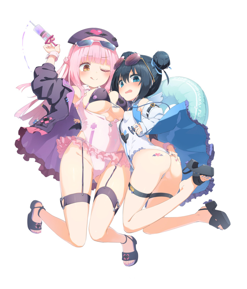 2girls aqua_eyes aqua_innertube ass ass_tattoo bikini black_footwear black_hair black_wings blue-tinted_eyewear blue_jacket blue_nails blue_ribbon blunt_bangs blush breasts chloe_withers closed_mouth collared_leotard covered_navel covered_nipples demon_wings double_bun eyelashes feet feet_up fingernails frilled_jacket frilled_leotard frilled_skirt frills garter_straps groin hair_between_eyes hair_bun hair_ribbon hat heart heart_o-ring heart_print heart_tattoo height_difference high_heels highleg highleg_leotard highres holding holding_stethoscope holding_syringe homura_subaru innertube jacket large_breasts legs leotard lillian_ljungstrom long_hair long_sleeves looking_at_another looking_down mini_wings miniskirt multicolored_clothes multicolored_jacket multiple_girls nail_polish nurse_cap o-ring o-ring_thigh_strap one_eye_closed open_clothes open_jacket open_mouth original pink-tinted_eyewear pink_bikini pink_hair pink_leotard pink_nails pink_wrist_cuffs pink_wristband purple_bikini purple_footwear purple_headwear purple_jacket purple_liquid ribbon round_eyewear sandals simple_background skirt small_breasts smile stethoscope sunglasses sweatdrop swimsuit syringe tattoo thigh_strap thighs tinted_eyewear toenail_polish toenails toes tongue tongue_out two-sided_fabric two-sided_jacket two-tone_jacket two_side_up white-framed_eyewear white_background white_jacket white_leotard wing_print wings wrist_cuffs yellow-framed_eyewear yellow_eyes yuri