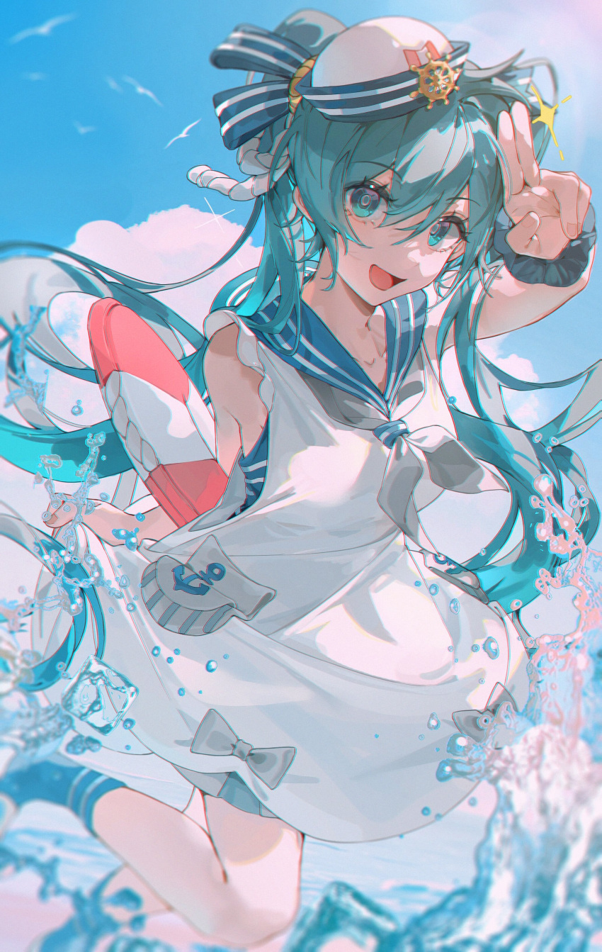 1girl absurdres anchor_symbol ankle_socks aqua_eyes aqua_hair arm_at_side arm_up bare_arms bare_legs bare_shoulders bird blue_sailor_collar blue_socks breasts cloud cloudy_sky collarbone dress fingernails hand_up hat hatsune_miku highres holding holding_clothes holding_dress holding_skirt lifebuoy long_hair looking_at_viewer medium_breasts natsufuku_miku ocean official_alternate_costume open_mouth running sailor_collar sailor_dress sailor_hat salute scrunchie skirt skirt_under_dress sky sleeveless smile socks solo splashing standing striped sunlight taito_four_seasons_figure_(vocaloid) twintails two-finger_salute vocaloid water white_dress wrist_scrunchie z3zz4