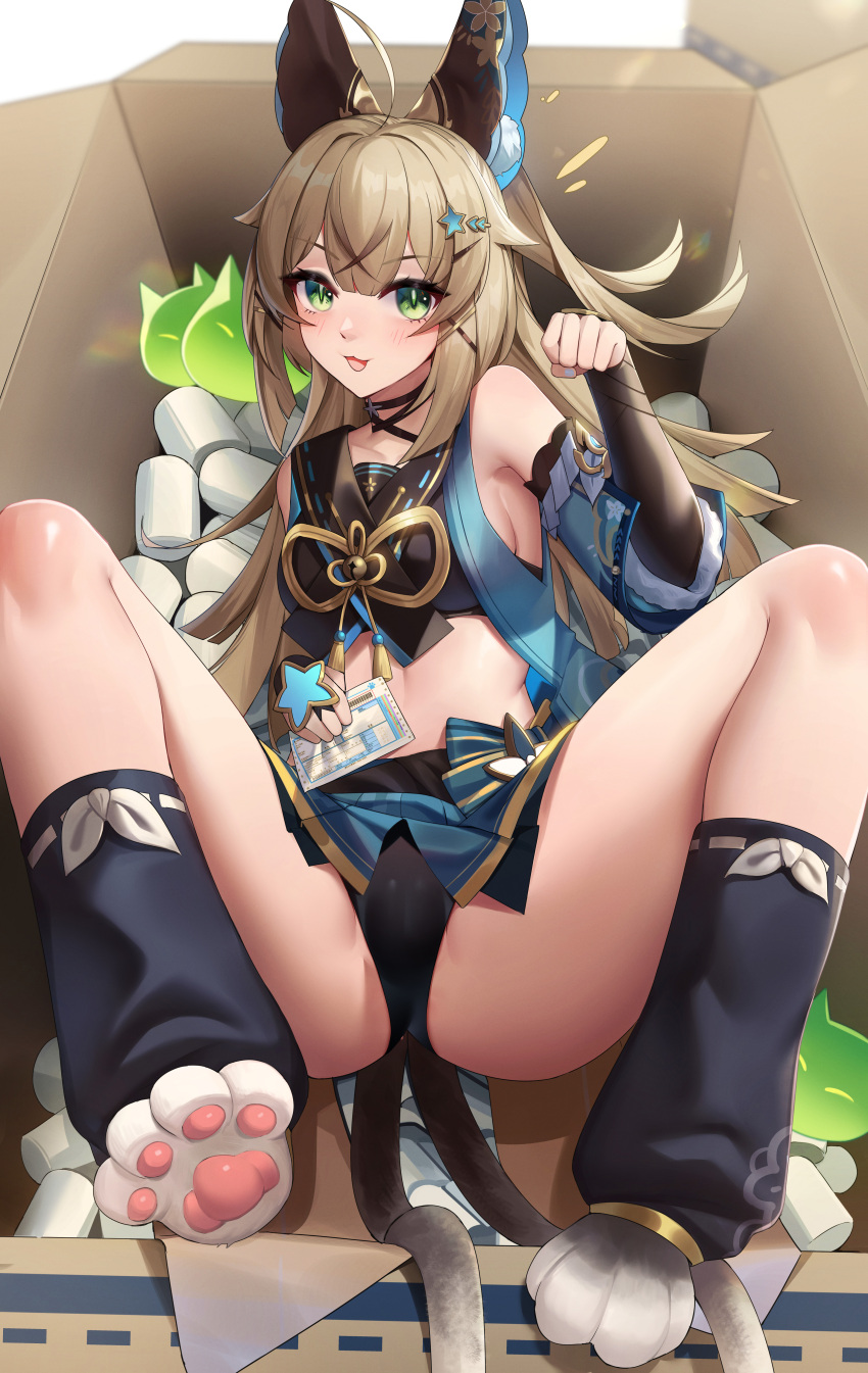 1girl absurdres ahoge animal_ears black_socks blonde_hair box cardboard_box cat_ears cat_tail commentary_request detached_sleeves genshin_impact green_eyes half_updo hand_up highres in_box in_container kirara_(genshin_impact) long_hair long_sleeves loose_socks lying midriff multiple_tails on_back shirt sleeveless sleeveless_shirt socks solo spread_legs tail thighs two_tails xingchee