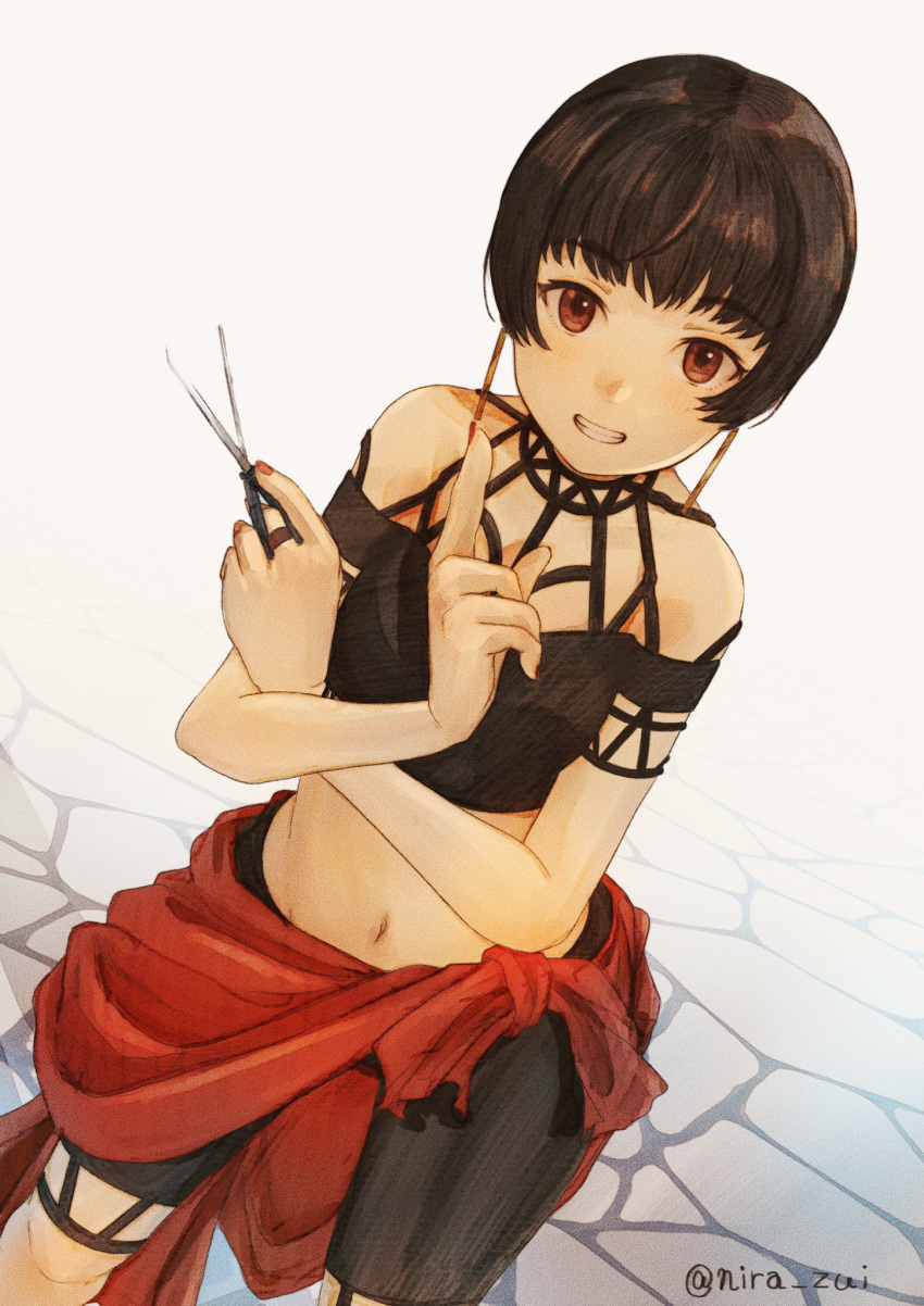 1girl bike_shorts black_hair brown_eyes cross-laced_clothes earrings eilie_(suikoden) gensou_suikoden gensou_suikoden_ii highres index_finger_raised jewelry knife korunosabu looking_at_viewer nail_polish navel short_hair smile solo standing throwing_knife twitter_username weapon