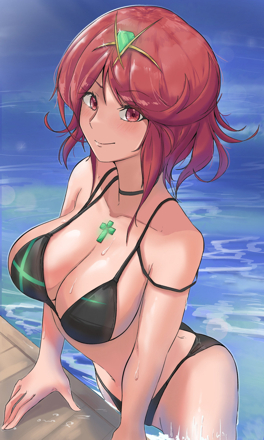 1girl absurdres bikini black_bikini breasts calmgreentori cleavage closed_mouth commentary cross english_commentary headpiece highres large_breasts looking_at_viewer pyra_(xenoblade) red_eyes red_hair short_hair smile solo swept_bangs swimsuit wading xenoblade_chronicles_(series) xenoblade_chronicles_2